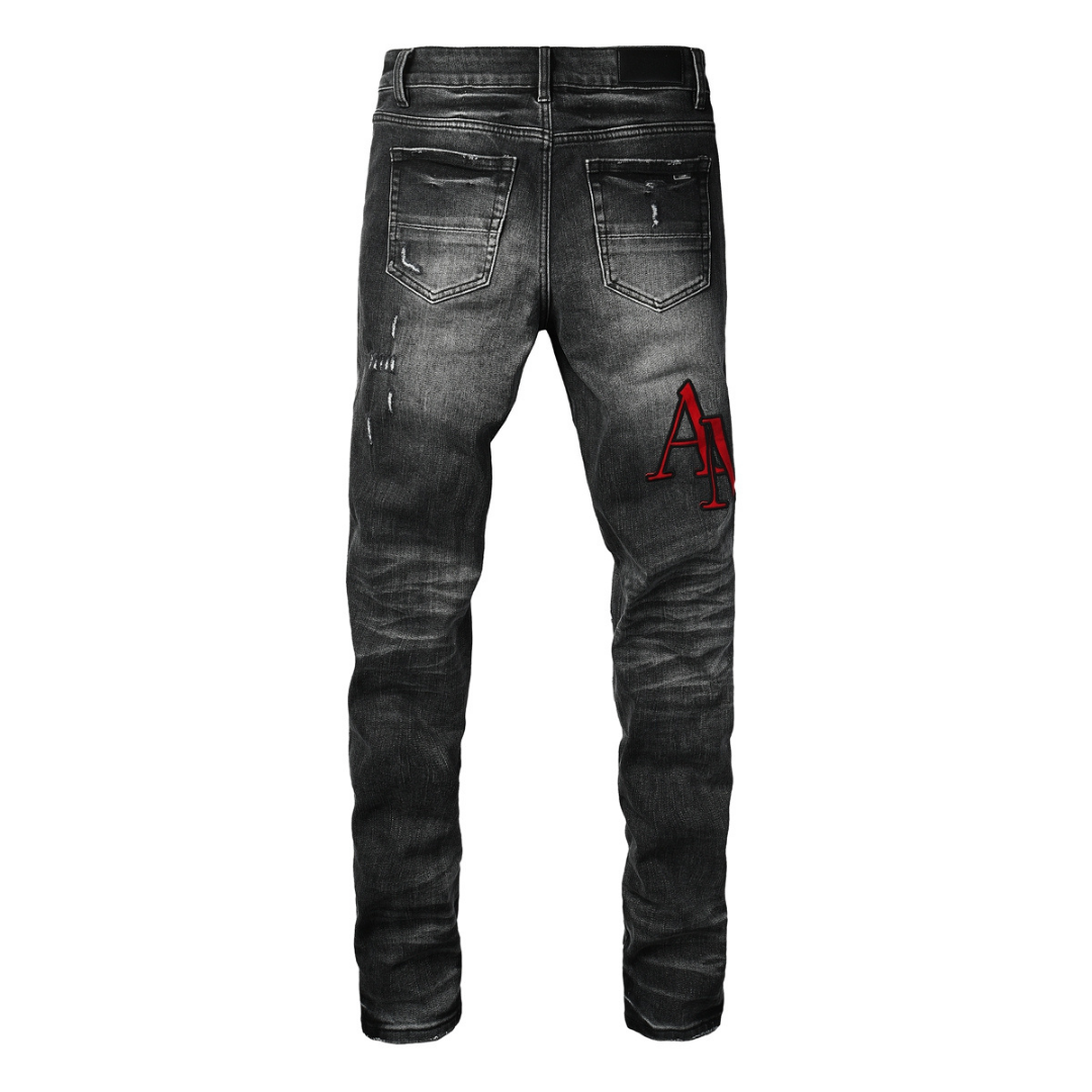 Amr Staggered Red Logo Jeans