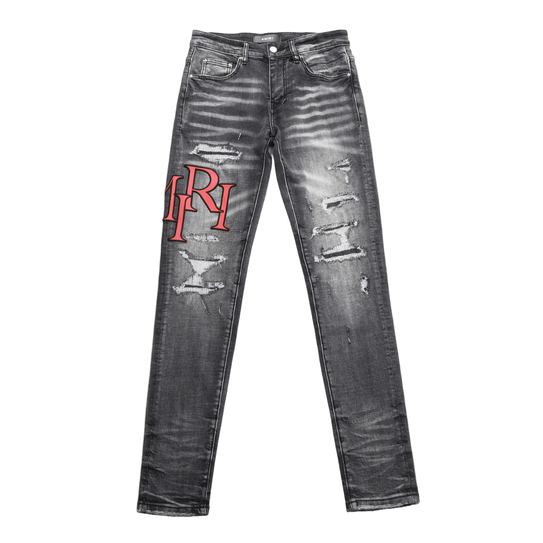 Amr Staggered Grey Logo Jeans